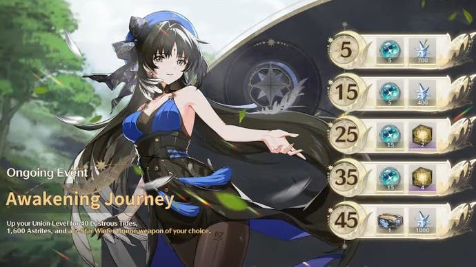 Awakening Journey rewards in Wuthering Waves for reaching Union Level milestones, including Astrite, Tides, and 5-Star Winter Brume weapon of choice.