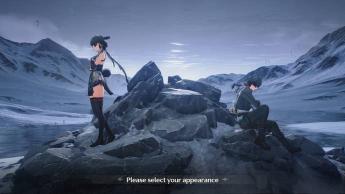 The female and male Rovers rest against an icy, rocky landscape. Female Rover is standing looking into the distance, while male Rover sits and stares downcast.