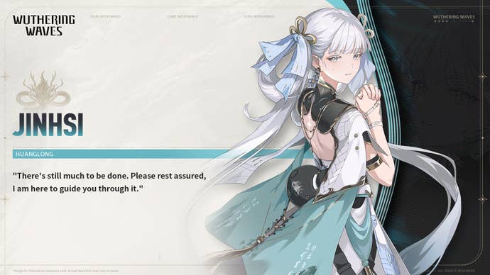 Drip marketing for Jinhsi in Wuthering Waves showing her character art and a quote from her.