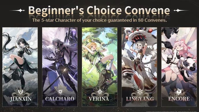 Beginner's Choice Banner in Wuthering Waves showing all the 5-Stars available: Jianxin, Calcharo, Verina, Lingyang, and Encore.