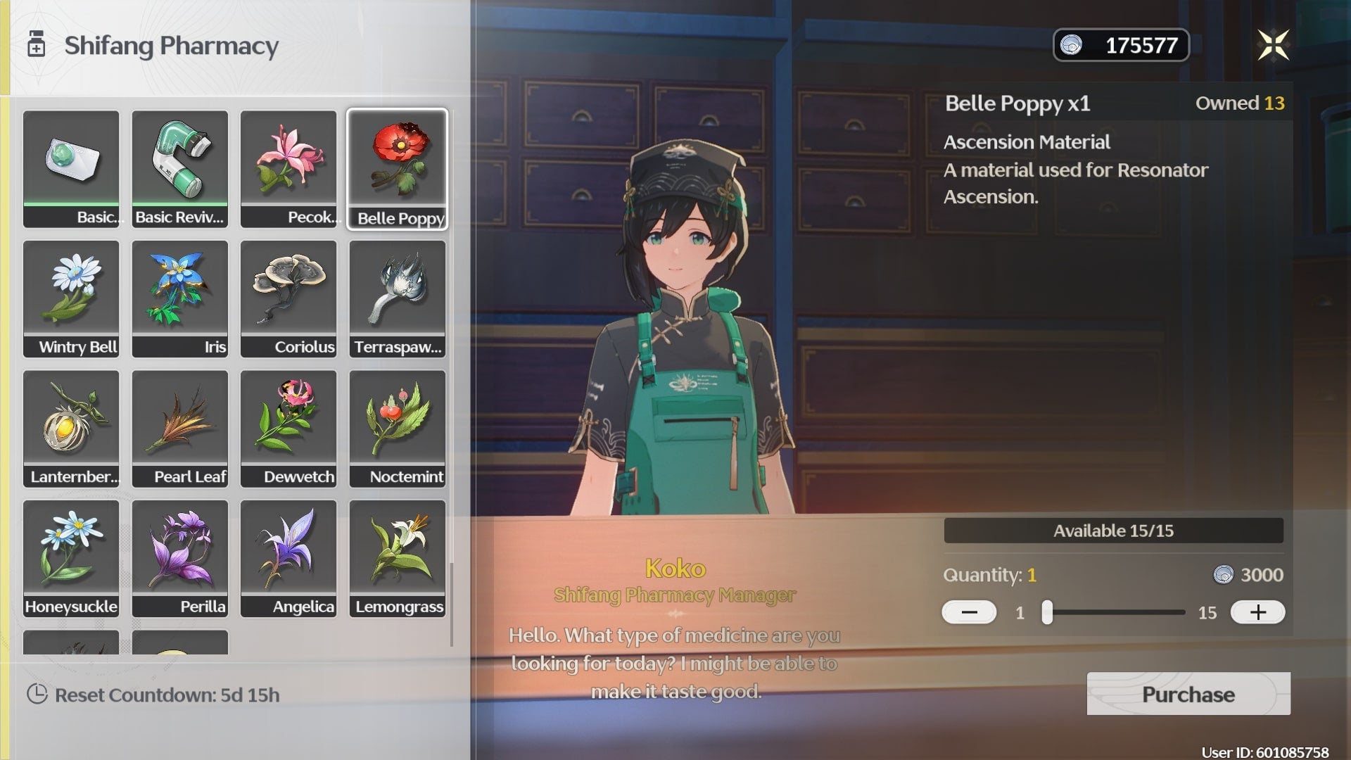 The player looks at the Belle Poppy&rsquo;s for sale at Shifang Pharmacy in Wuthering Waves