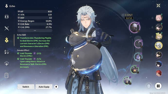 Five star character, Calcharo, is shown wielding several Void Thunder Echoes in Wuthering Waves