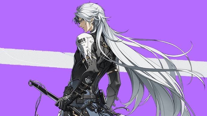 Calcharo from Wuthering Waves on a purple background with a cream stripe running through the middle.