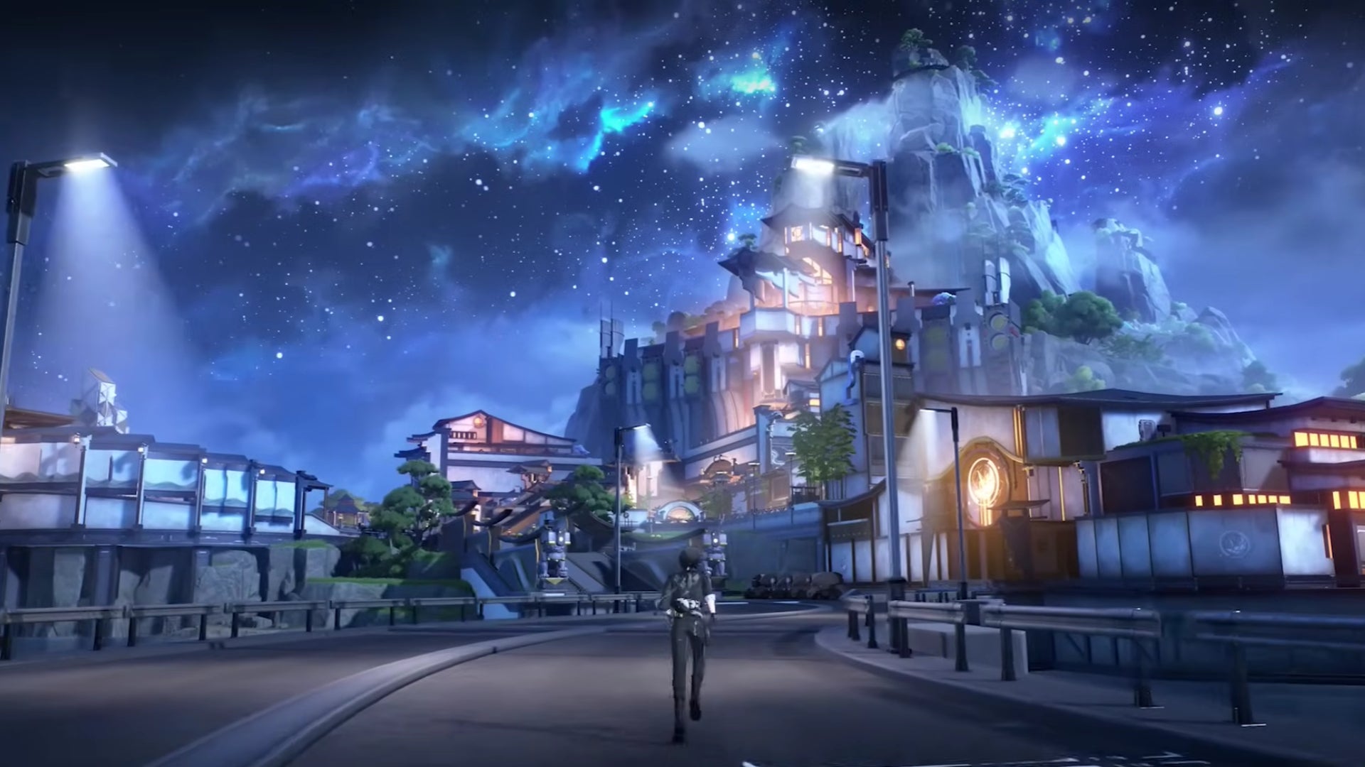 A single figure stands looking at the world – a starry night and a rising city – in Wuthering Waves. - 1