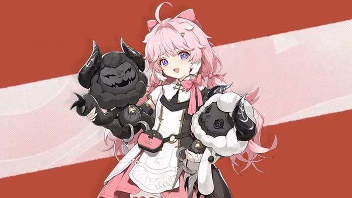 Encore from Wuthering Waves on a deep orange-red background with a cream stripe in the middle.