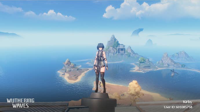 Rover stands on top of a high tower at Tiderise Cliffs in Wuthering Waves