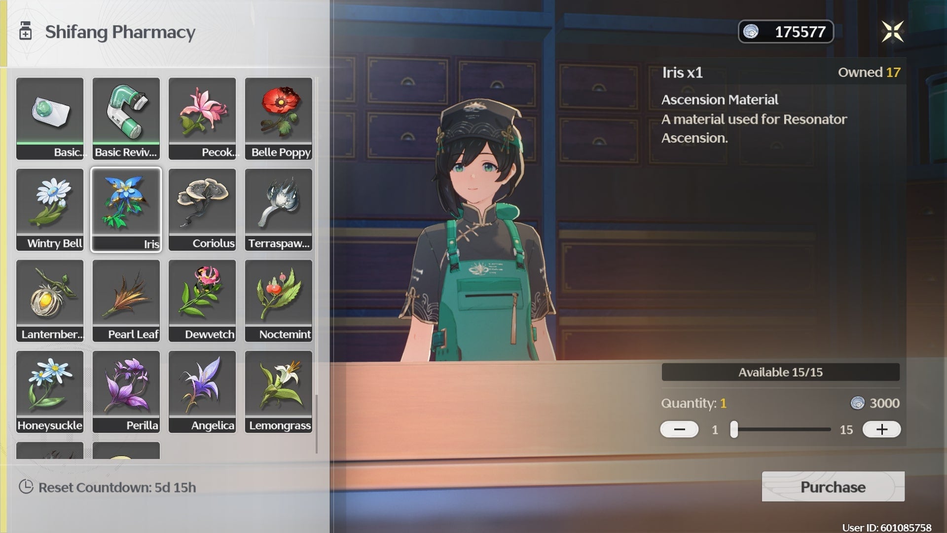 The player looks at Iris' available for sale at Shifang Pharmacy in Wuthering Waves