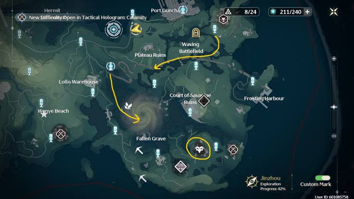 The location of where to find Iris in Wuthering Waves is drawn on the map