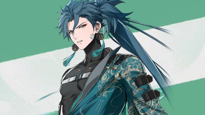 Jiyan from Wuthering Waves with a green and cream-striped background.