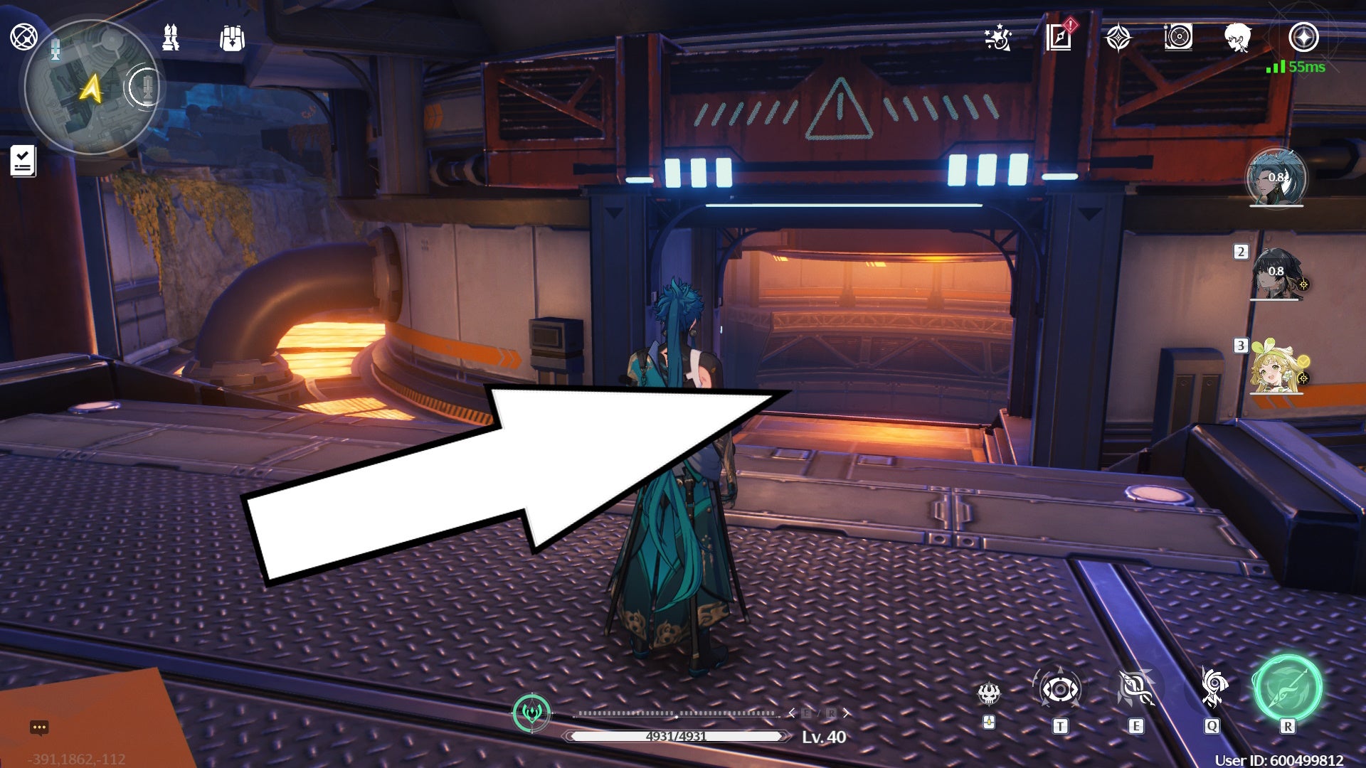 An arrow pointing to the entrance of the cave that leads to the  Lampylumen Myriad boss in Wuthering Waves.