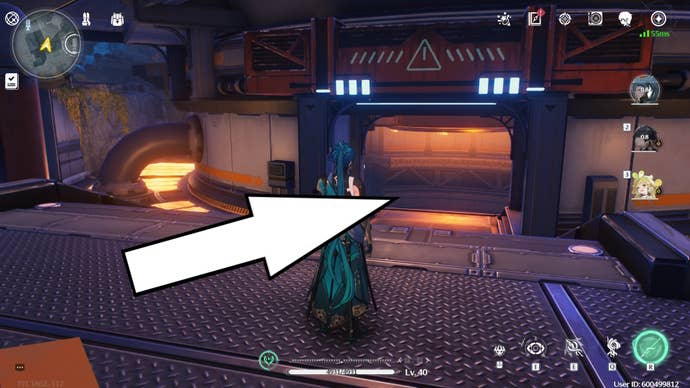 An arrow pointing to the entrance of the cave that leads to the Lampylumen Myriad boss in Wuthering Waves.