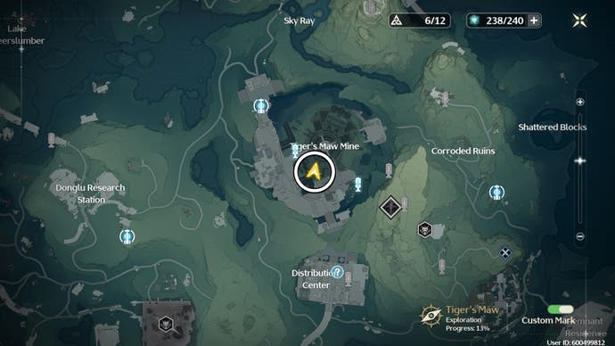 Location on the circled map of the entrance to the path leading to the Lampylumen Myriad boss in Wuthering Waves.