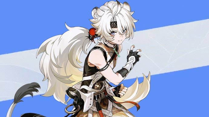 Lingyang’s splash art from Wuthering Waves on a mid blue background with a cream stripe in the middle.