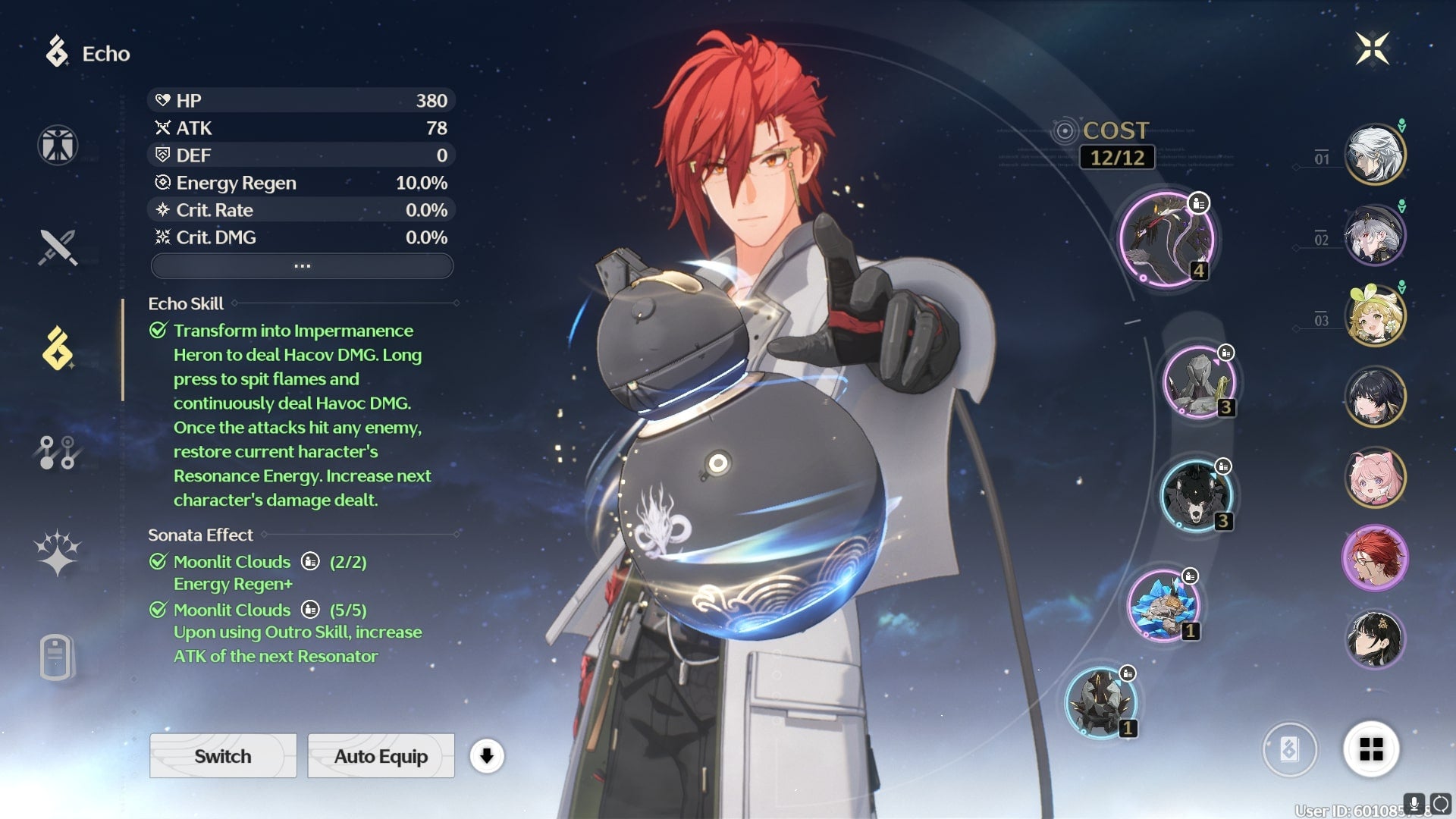 Mortefi is shown with a five piece set of Moonlit Clouds Echoes equipped in Wuthering Waves - 4