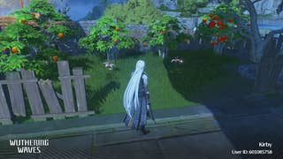 Calcharo stands in front of a small garden containing some Pecok Flowers in Wuthering Waves