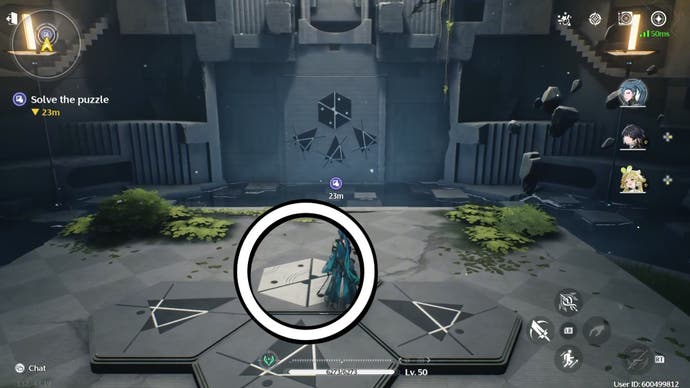 A white circle showing a white tile in the Bender Perspective area in Wuthering Waves.