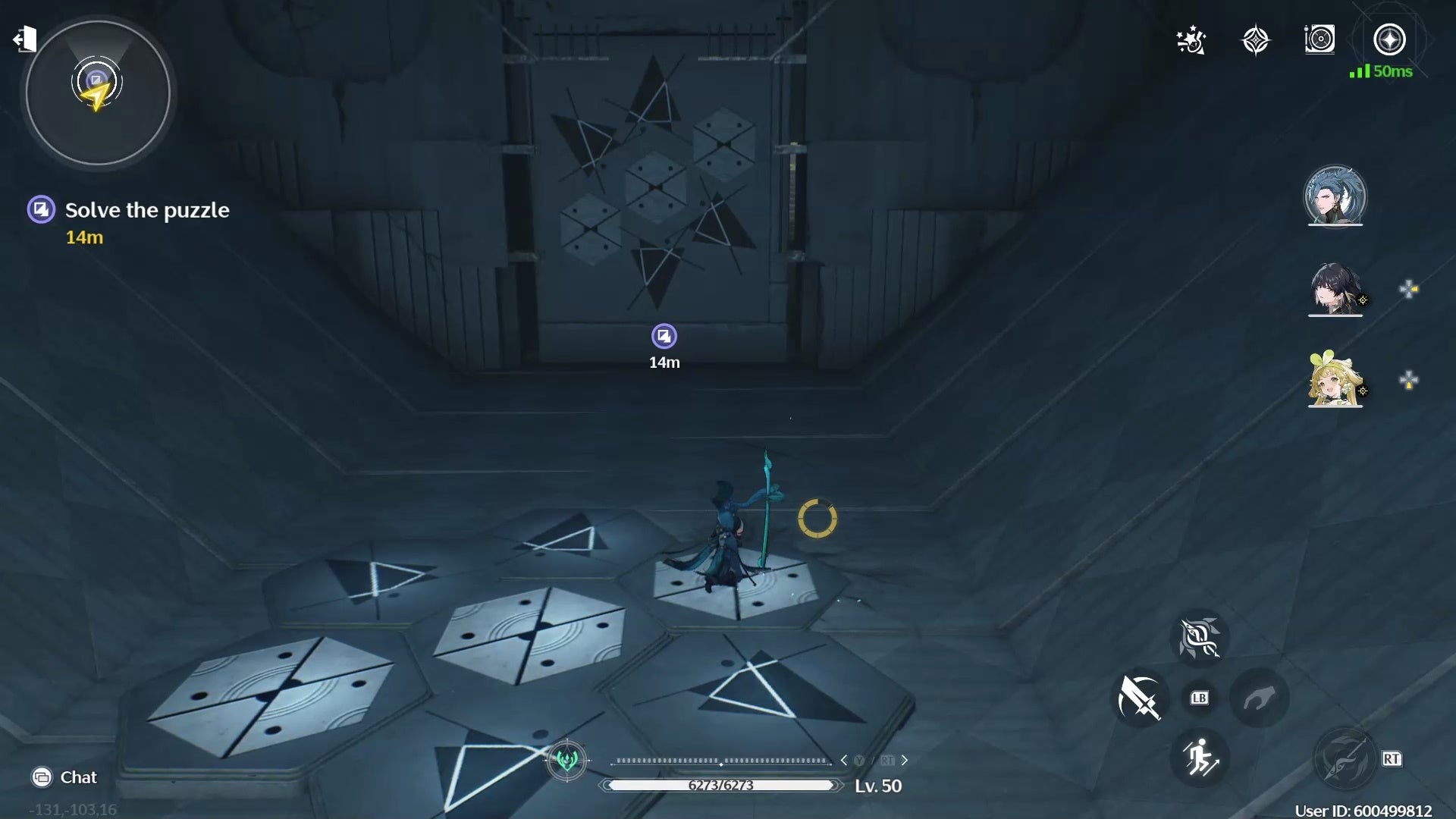 Jiyan standing on tiles in the Perspective Bender Domain in Wuthering Waves.