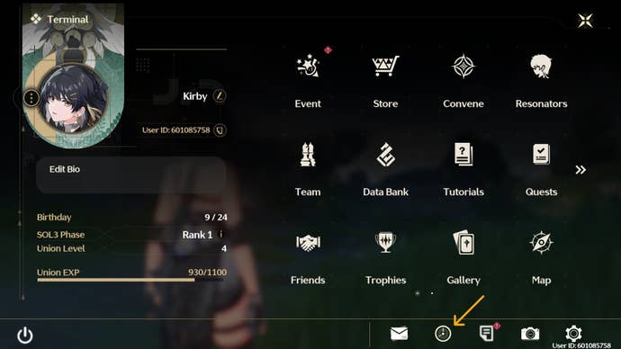 The Wuthering Waves menu is shown, with arrows pointing to the Rest icon in the lower right-hand corner