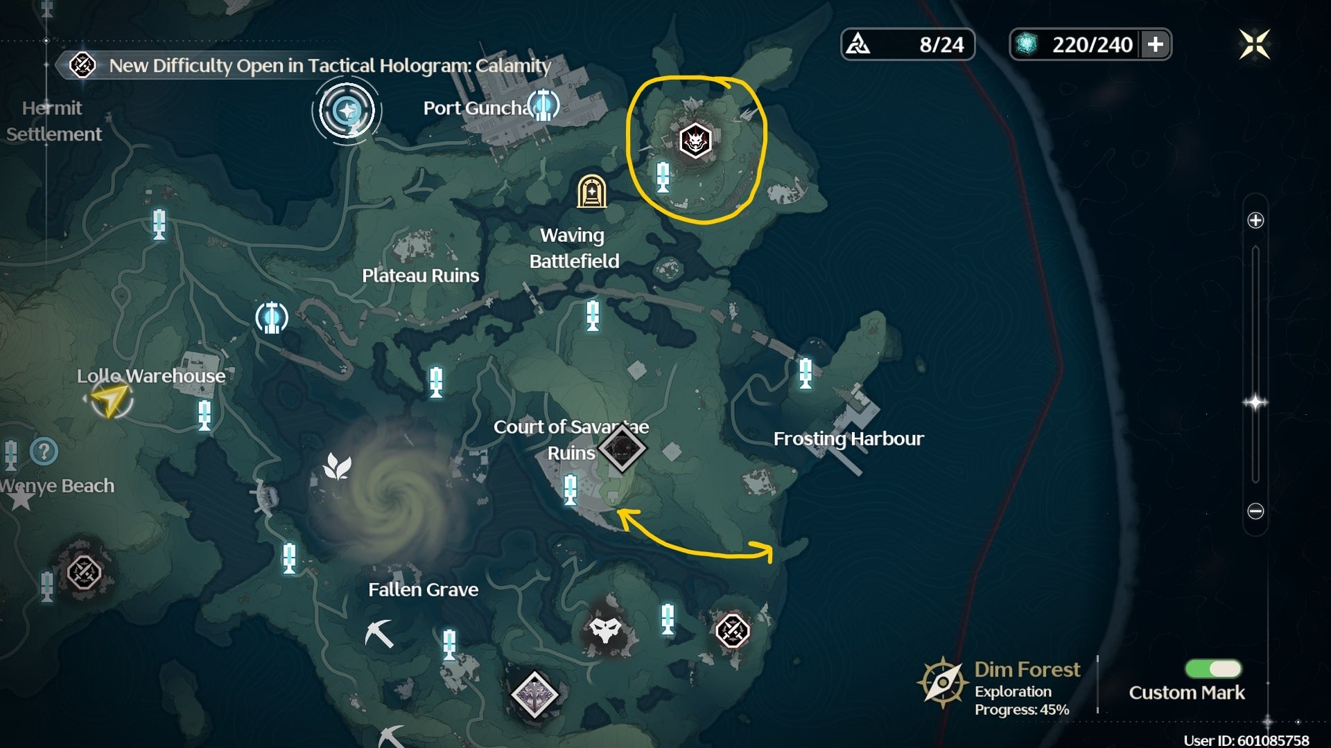 The location of where to find Scarletthorn near the Whining Aix&rsquo;s Mire in Wuthering Waves is drawn on the map