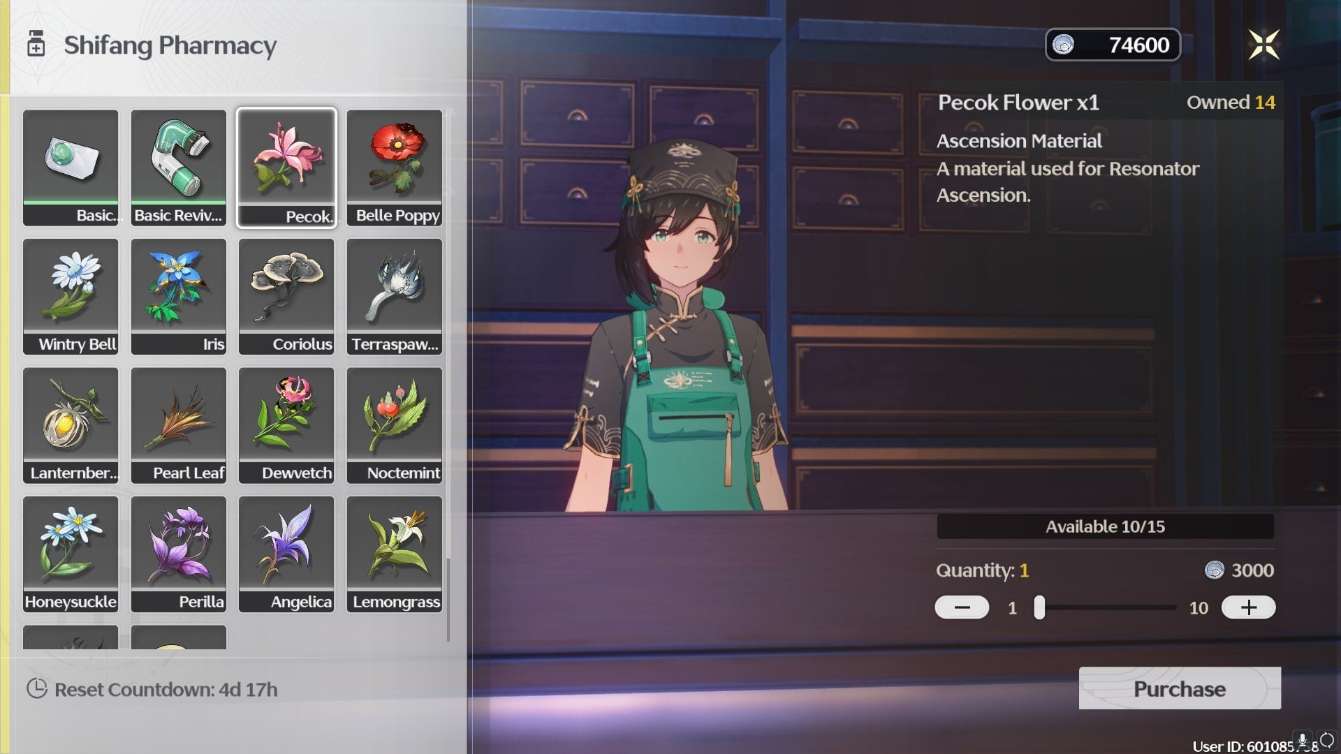 The player looks at Pecok Flowers at Shifang Pharmacy in Wuthering Waves