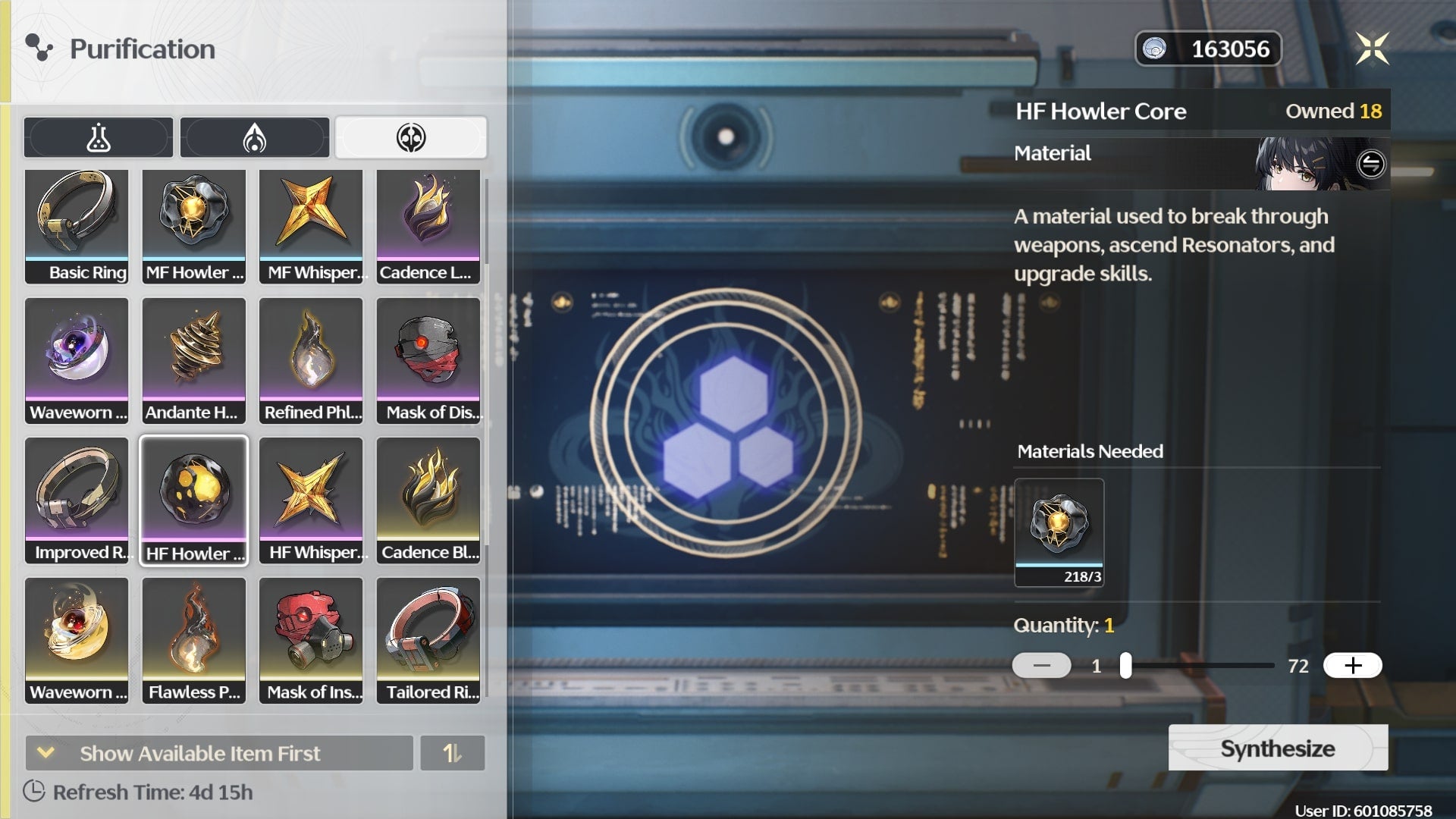 The player looks at crafting HF Howler Cores at the Synthesizer in Wuthering Waves - 5