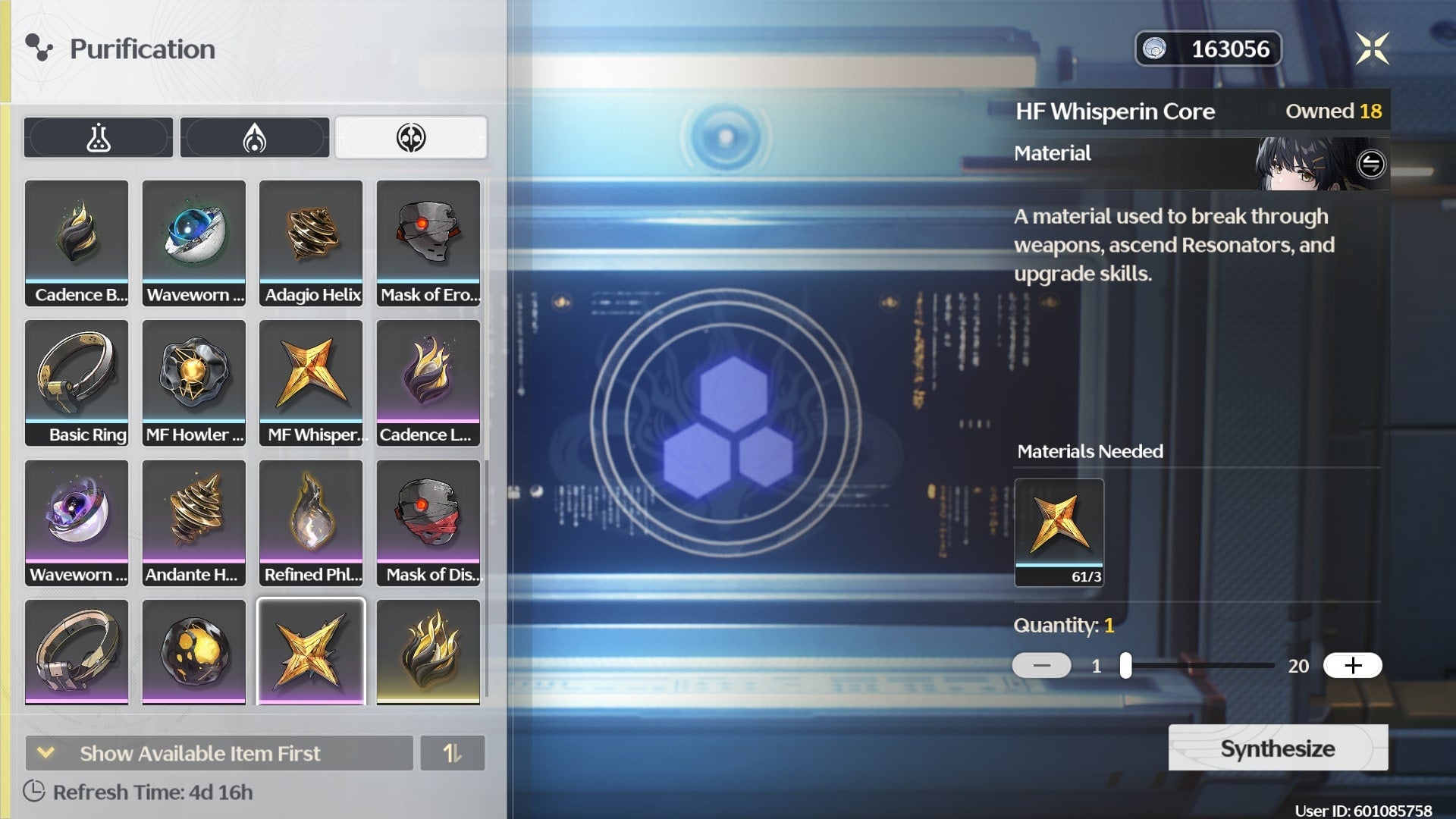 The player looks at crafting a HF Whisperin Core at the Synthesizer in Wuthering Waves - 5