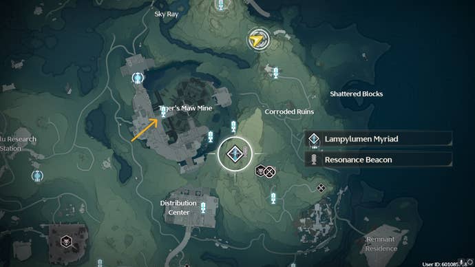 The location of Lampylumen Myriad, beneath Tiger’s Maw Mine, is shown on the Wuthering Waves MAP