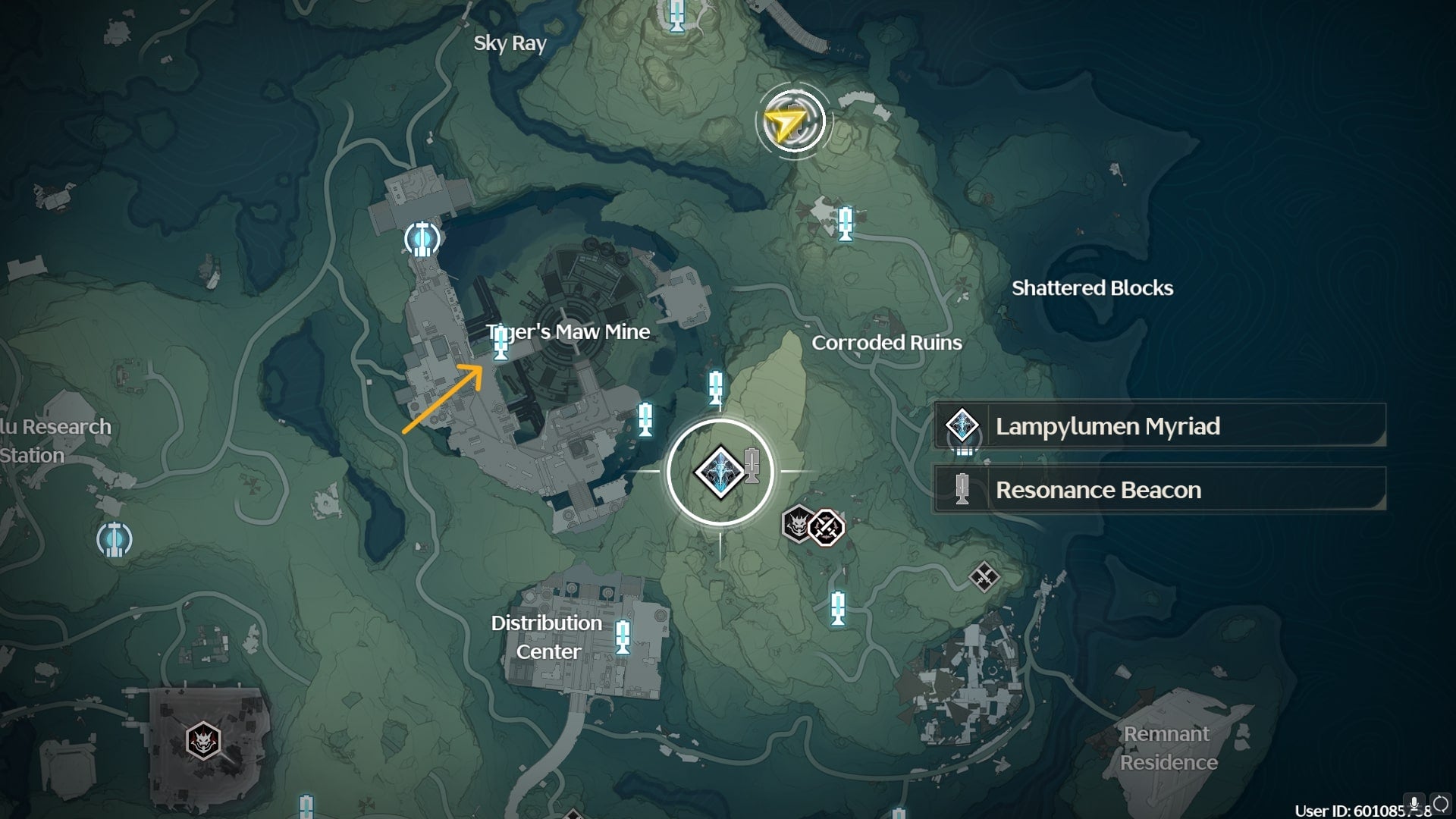 The location of Lampylumen Myriad, beneath Tiger's Maw Mine, is shown on the Wuthering Waves MAP - 3