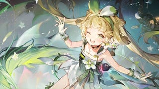 Artwork of Verina from Wuthering Waves, showing her skipping with her hands swinging in the air.