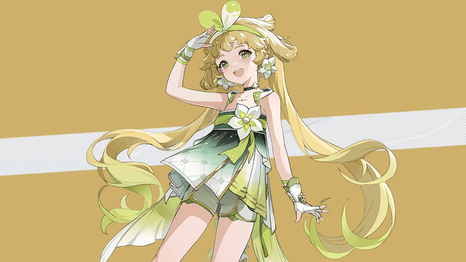 Verina splash art from Wuthering Waves on a dark yellow background with a cream stripe in the middle.