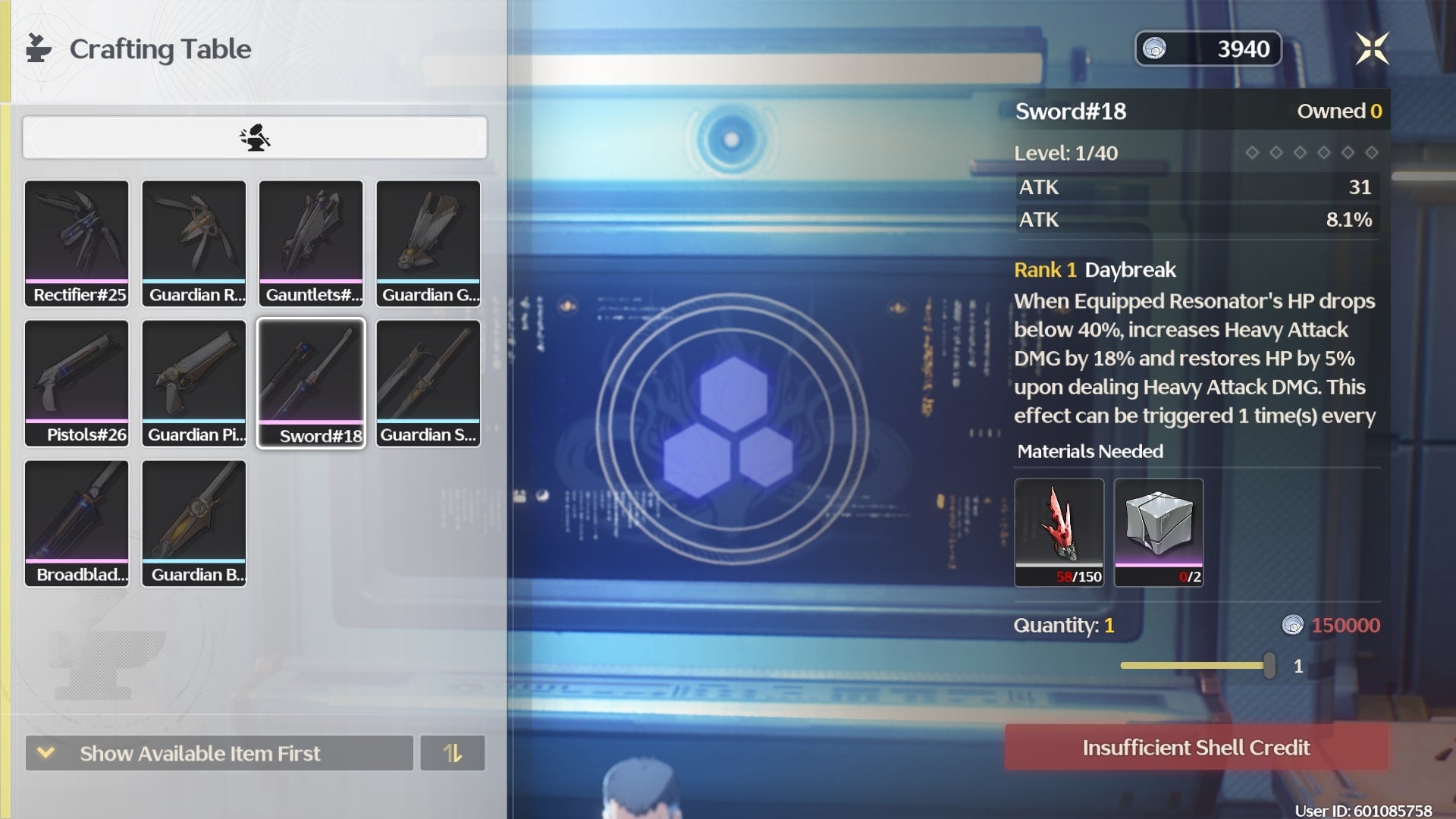 The player looks at crafting a four star sword at Uncle Wei's Weapon Crafting terminal in Wuthering Waves - 5