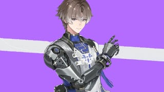 Xiangli Yao from Wuthering Waves posing on a purple background with a cream strip running through the middle.