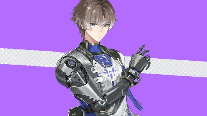 Xiangli Yao from Wuthering Waves posing on a purple background with a cream strip running through the middle.