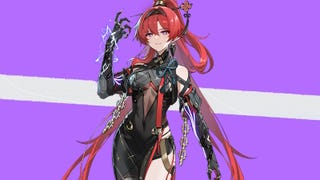 Yinlin posing with her hand electrified and up in the air, on a purple background with a cream stripe in the middle.