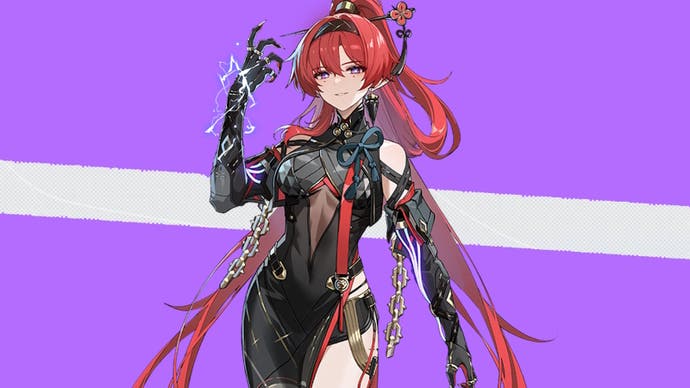 Yinlin posing with her hand electrified and up in the air, on a purple background with a cream stripe in the middle.