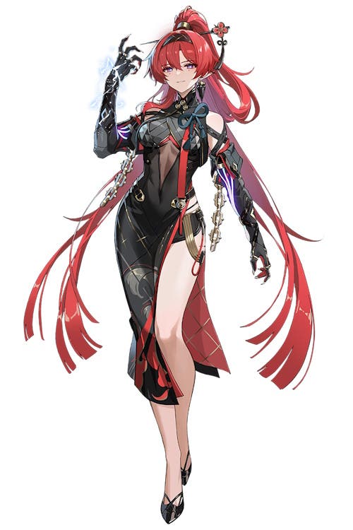 Yinlin from Wuthering Waes  posing with her hand electrified and up in the air.