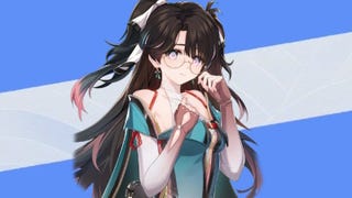 Zhezhi from Wuthering Waves posing on a blue background with a cream stripe running through the middle.