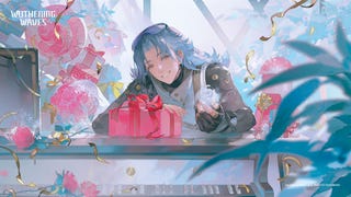 Calcharo is shown receiving a gift in key artwork for Wuthering Waves