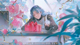 Calcharo is shown receiving a gift in key artwork for Wuthering Waves