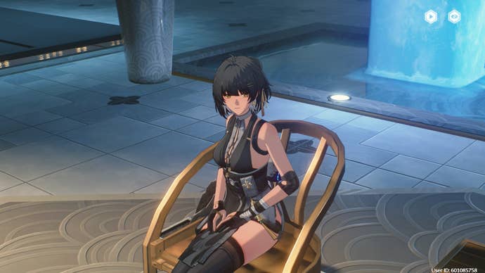 Rover is sat on a chair in the Academy in Wuthering Waves