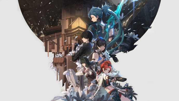 Promotional artwork of Wuthering Waves with various characters in a collage in the middle, including the male and female Rovers, Jiyan, Yangyang, Chixia and Baizhi.