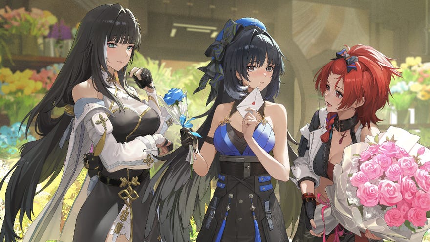 Wuthering Waves artwork showing Chixia, Yangyang, and Baizhi with flowers.