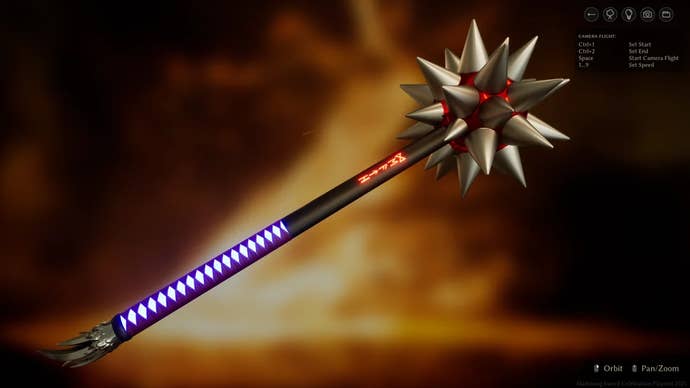 A spiked metallic mace with a achromatic grip bearing glowing purple and reddish designs, created by a subordinate of Bladesong.