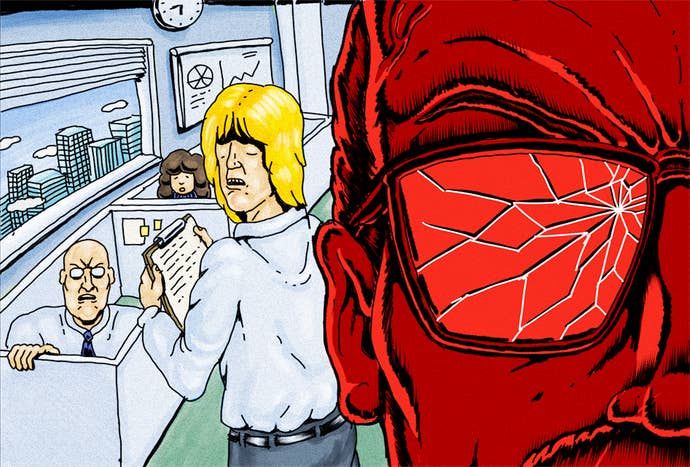 An angry man in an office in Rising Up