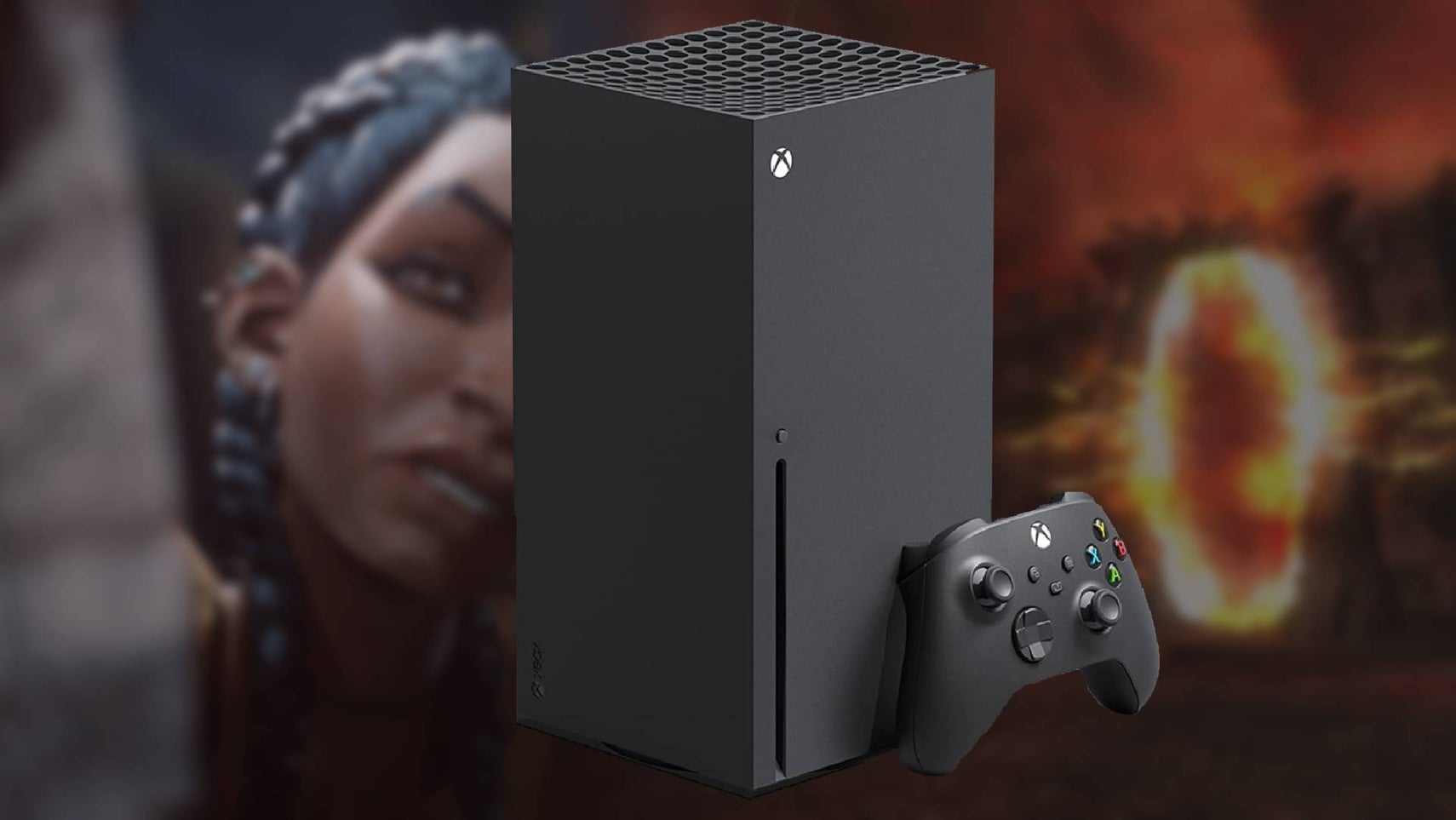 Split image of a black woman holding up paper in South of Midnight, and a firey portal/Oblivion Gate in Oblivion, with an Xbox Series X over the top. - 1