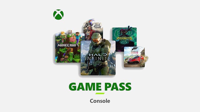 Xbox Game Pass for Console promo featuring Minecraft, Halo Infinite, Forza Horizon 5, Psychonauts and Sea of Thieves game art.