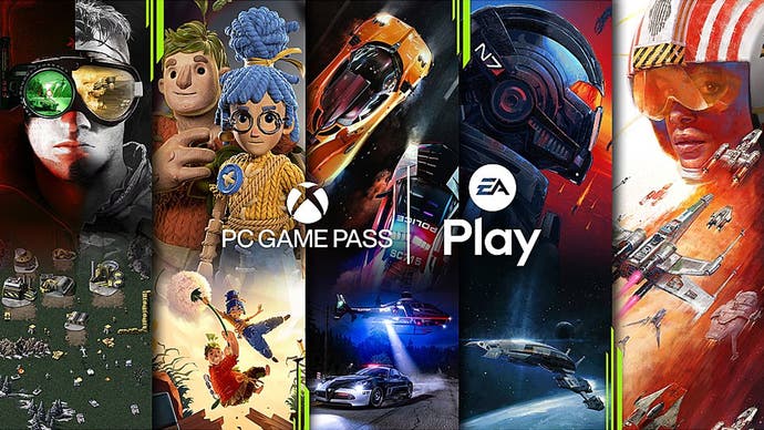 Xbox Game Pass for PC with a collage of PC Game Pass and EA Play titles.