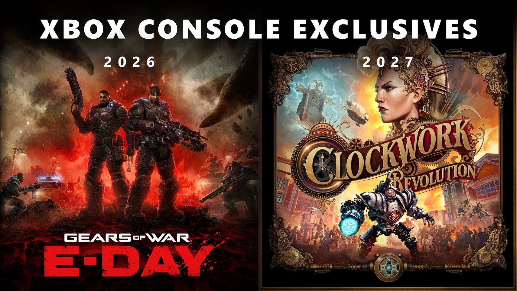 Xbox infographic showing Gears of War E-Day's artwork with a 2026 release and Clockwork Revolution's artwork next to it with a 2027 release