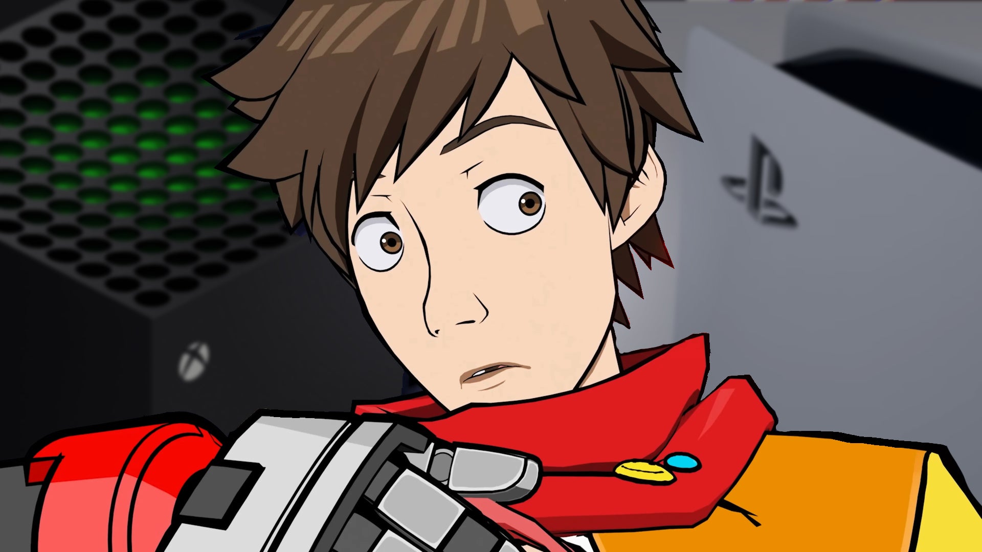 Chai from HiFi Rush sits in front of a PlayStation 5 and Xbox Series X, looking shocked - 1