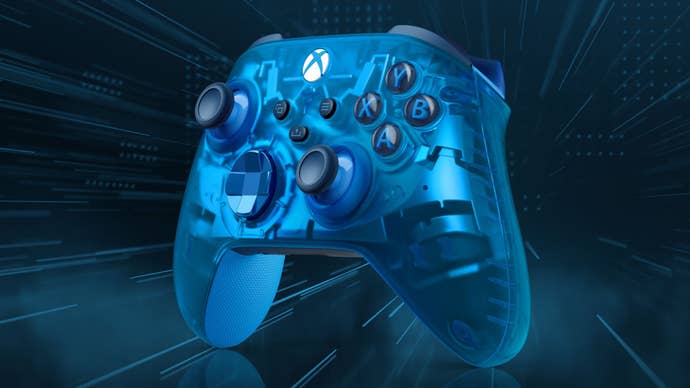 A promotional photo of Microsoft’s new transparent blue Sky Cipher special edition Xbox controller.